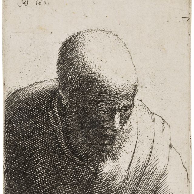 Rembrandt van Rijn — Лысый мужчина с открытым ртом смотрит вниз: Бюст
