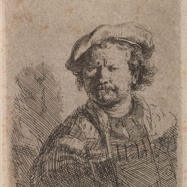 Rembrandt van Rijn — Автопортрет в плоской шапочке и вышитом платье
