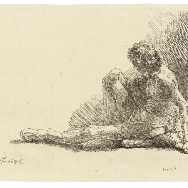 Rembrandt van Rijn — Обнаженный мужчина, сидящий на земле с вытянутой ногой (В., Зал. 196; Н. 221)