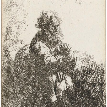 Rembrandt van Rijn — Святой Иероним, преклонивший колени в молитве и смотрящий вниз (Б., Зал. 102; Н.140)