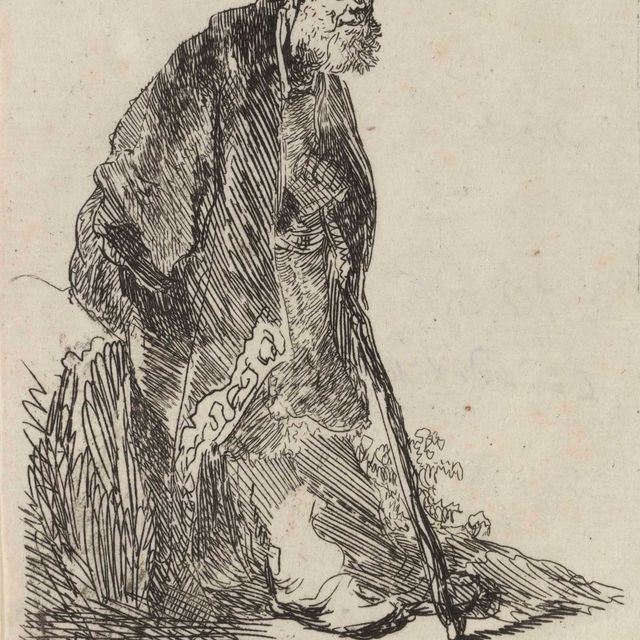 Rembrandt van Rijn — Мужчина в пальто и меховой шапке, прислонившийся к берегу