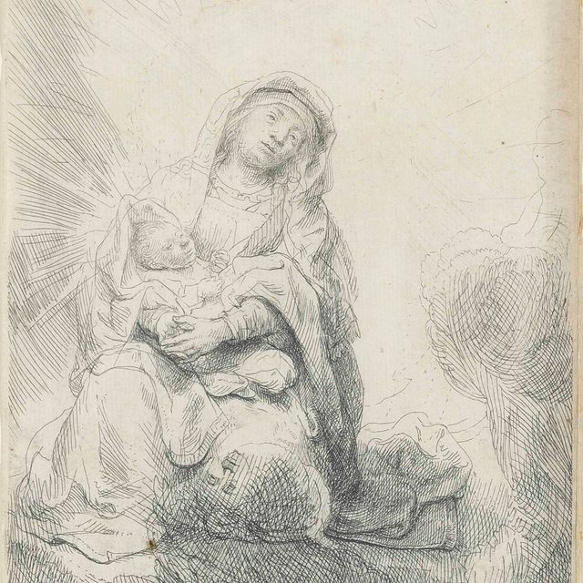 Rembrandt van Rijn — Дева Мария с младенцем в облаках