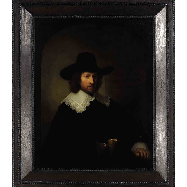 Rembrandt van Rijn — Портрет Николаса Бамбека (1596-1661), в полный рост, в черном костюме с кружевным воротником и манжетами, в черной шляпе, с перчатками в руках