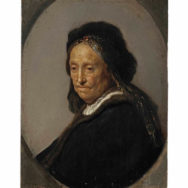 Rembrandt van Rijn — Голова пожилой женщины, традиционно идентифицируемой как Нильтген Виллемсдр. ван Зейтбрук (1569-1640), мать Рембрандта, в полный рост, в черном костюме и меховой шапке.