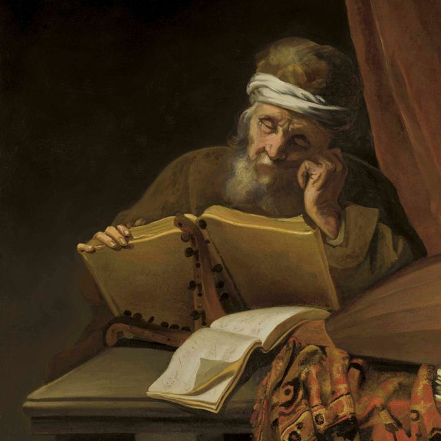 Rembrandt van Rijn — Старик, читающий за столом с нотными листами, лютней и восточным ковром, занавес позади