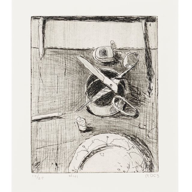 Richard Diebenkorn — №41 (натюрморт с тарелкой и раскрытыми ножницами), из 41 офорта "Сухие точки"