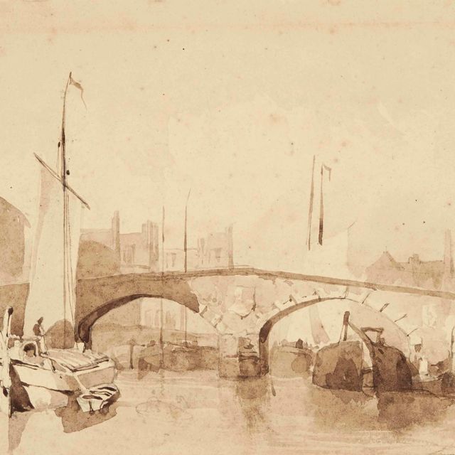 Richard Parkes Bonington — Парусная баржа и другие суда под мостом, Северная Франция