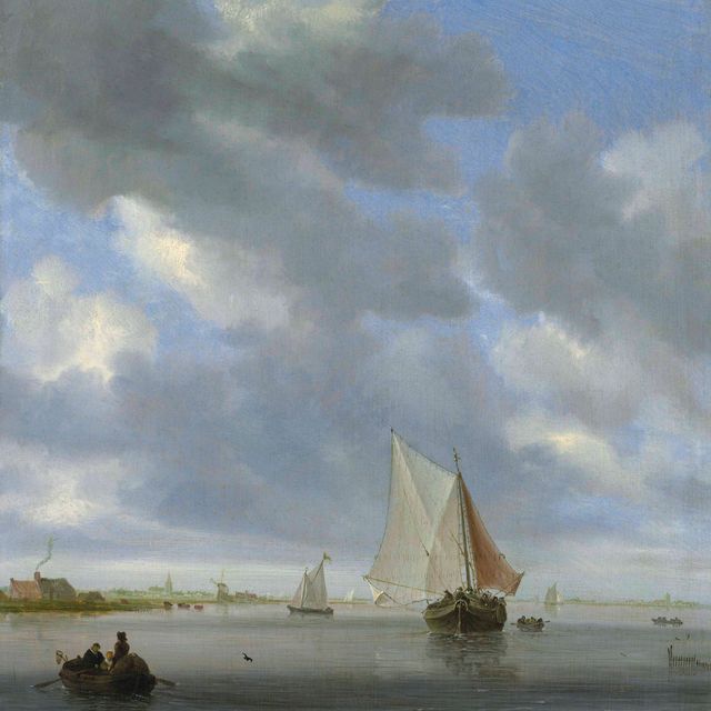 Salomon Van Ruysdael — Устье реки с паромом и другими судами, церковью и ветряной мельницей за ним.