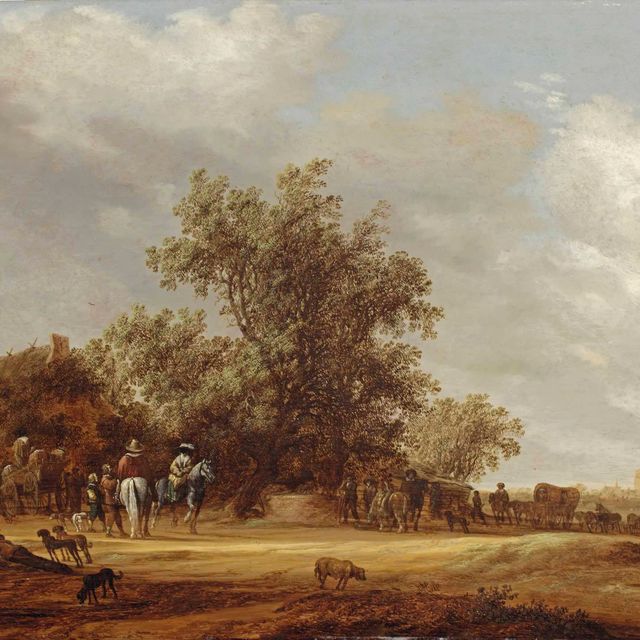 Salomon Van Ruysdael — Обширный пейзаж с путешественниками, останавливающимися у фермерского дома, деревни за его пределами.