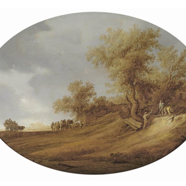 Salomon Van Ruysdael — Дюнный пейзаж с путешественниками на тропинке и тремя мужчинами, чинящими забор.