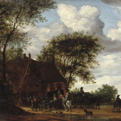 Salomon Van Ruysdael — Лесистый пейзаж с путешественниками у гостиницы