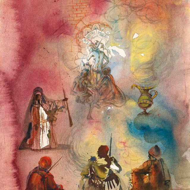 Salvador Dalí — Колонна возле часовни, украшенной тремя персонажами и одной лампой