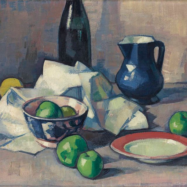 Samuel John Peploe — Черная бутылка, салфетка и зеленые яблоки
