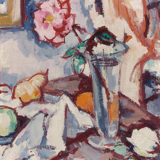 Samuel John Peploe — Розовая роза в стеклянной вазе с фруктами