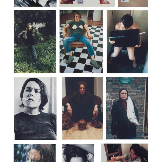 Sarah Lucas — Автопортреты 1990-1998: (i) Ест банан, 1990 (ii) Божественный, 1991 (iii) Автопортрет с кружкой чая, 1993 (iv) Автопортрет в трусиках, 1994 (v) Автопортрет с яичницей-глазуньей, 1996 (vi) Человеческий туалет, 1996 (vii) Борьба Огонь с огнем, 1996 (viii) Автопортрет с черепом, 1997 (ix) Поймал лосося в №3, 1997 (x) Лето, 1998 (xi) Курение, 1998 (xii) Возвращение в человеческий туалет, 1998