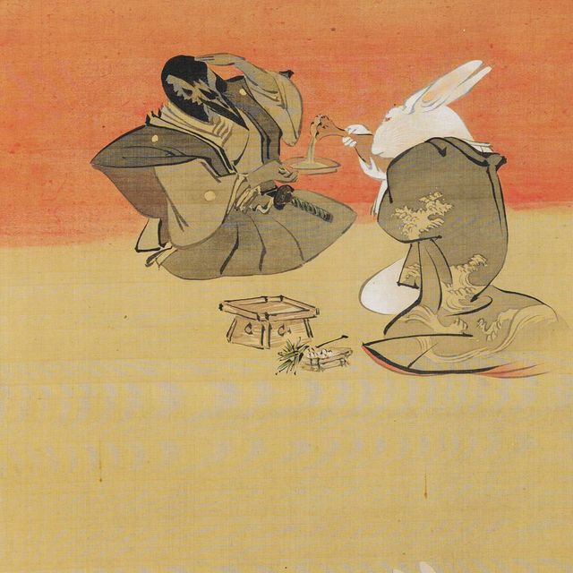 Shibata Zeshin — Воробей и кролики празднуют новый год