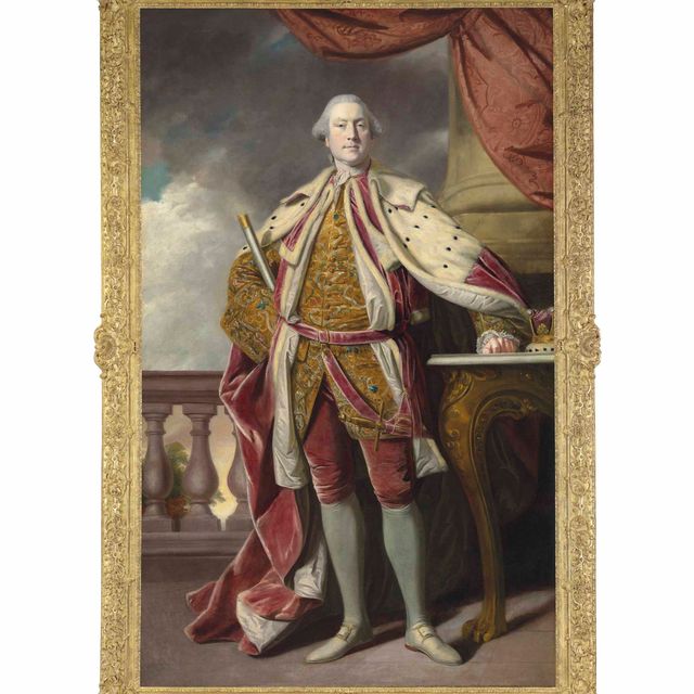 Sir Joshua Reynolds — Портрет Джеймса Хэя (1726-1778), 15-го графа Эрролла, в полный рост, в коронационных одеждах, с жезлом лорда-верховного констебля Шотландии в руках, на фоне балюстрады и дерева