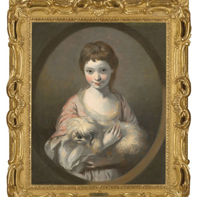Sir Joshua Reynolds — Портрет Эмилии Ванситтарт (1778-1791), в полный рост, в бело-розовом платье, с собакой на руках, в нарисованном овале