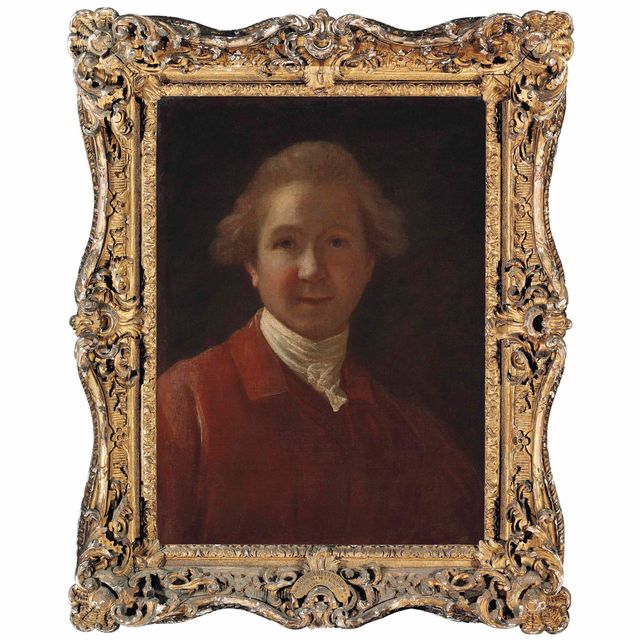 Sir Joshua Reynolds — Портрет джентльмена, традиционно идентифицируемого как сэр Джошуа Рейнольдс, во весь рост, в красном сюртуке и жилете с белым воротником
