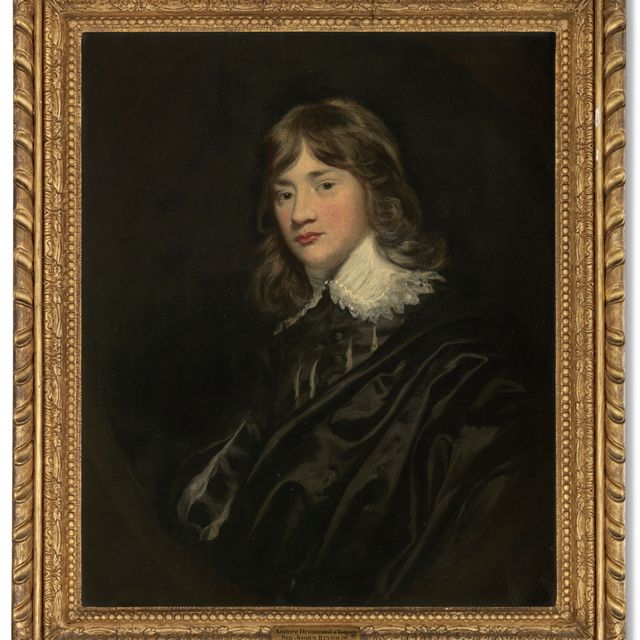 Sir Joshua Reynolds — Портрет Эндрю Драммонда из Риджуэя, в полный рост, в черном костюме от Ван Дейка с белым кружевным воротничком, в искусственном овальном обрамлении.
