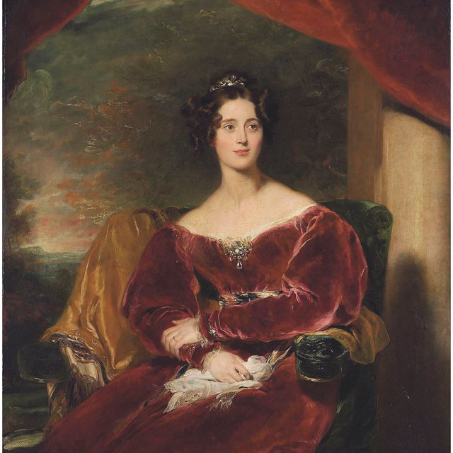 Sir Thomas Lawrence — Портрет Мэри, графини Уилтон (1801-1858), в три четверти роста, сидящая, в красном бархатном платье с брошью, на фоне пейзажа