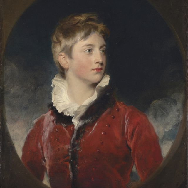 Sir Thomas Lawrence — Портрет Фредерика Уильяма Стюарта, 4-го маркиза Лондондерри, к.п.н., М.П.н. (1805-1872), когда он был мальчиком, в полный рост, в красном пальто, в притворном овальном