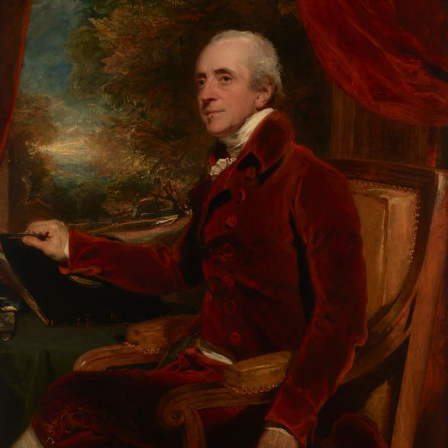 Sir Thomas Lawrence — Портрет Уильяма Бейкера (1743-1824), сидящего в три четверти роста, в красном фраке, на фоне пейзажа