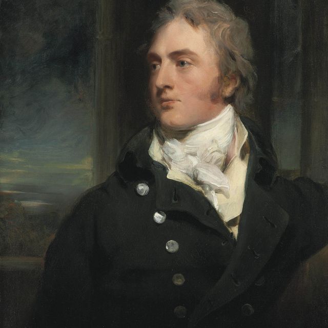 Sir Thomas Lawrence — Портрет сэра Джорджа Корнуолла, 3-го поколения (1774-1835), из Мокасс-Корта, во весь рост, в черном сюртуке и белом шарфе, на фоне пейзажа