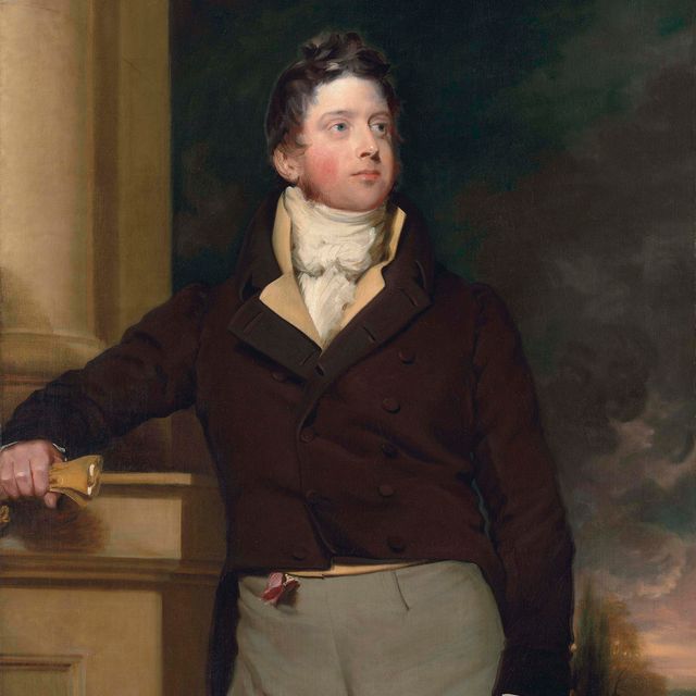 Sir Thomas Lawrence — Портрет джентльмена в три четверти роста, в коричневом двубортном сюртуке и шейном платке, в перчатках и цилиндре, опирающегося на постамент колонны, на фоне паркового пейзажа