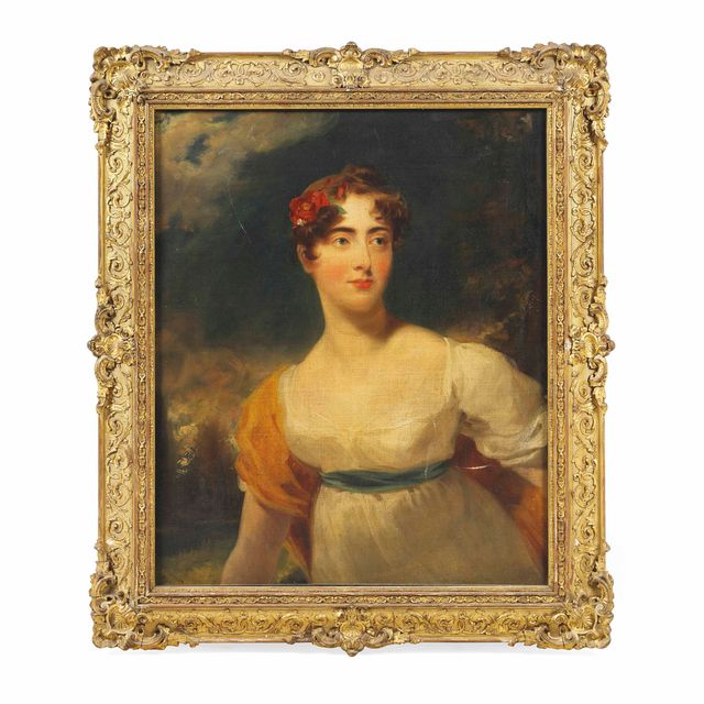 Sir Thomas Lawrence — Портрет леди Эмили Харриет Уэлсли-Поул, леди Фицрой Сомерсет (1792-1881), в полный рост, в белом платье, на фоне пейзажа