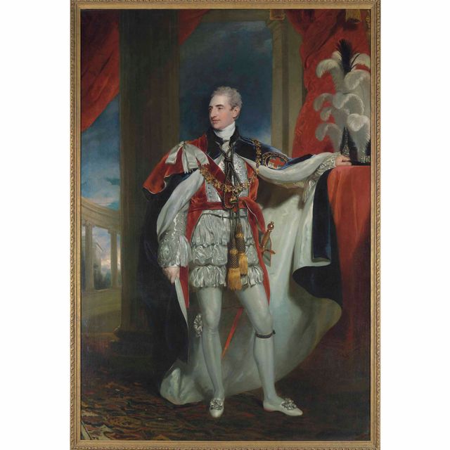 Sir Thomas Lawrence — Портрет Роберта Стюарта, виконта Каслри, 2-го маркиза Лондондерри, короля Англии, члена парламента (1769-1822), в полный рост, в мантии пэра с подвязкой и воротничком, которые носили на коронации Георга IV, его левая рука покоится на высоком возвышении перед задернутым занавесом.