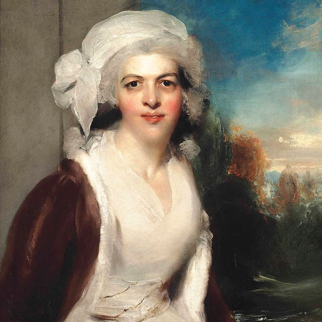 Sir Thomas Lawrence — Портрет Ребекки, леди Симеон (ум. в 1830 году), в полный рост, в белом платье и меховой накидке, на фоне лесистого пейзажа