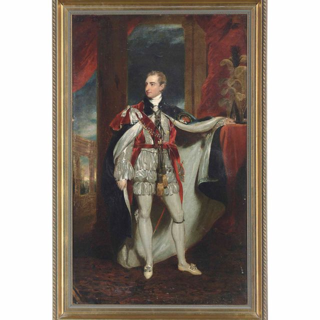 Sir Thomas Lawrence — Портрет Роберта Стюарта, виконта Каслри, 2-го маркиза Лондондерри, короля Англии, члена парламента (1769-1822), в полный рост, в мантии пэра с подвязкой и воротничком, какие носили на коронации Георга IV, его левая рука покоится на высоком помосте, перед задрапированным портьерой портретом. занавес