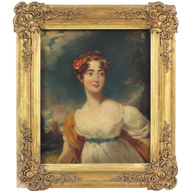 Sir Thomas Lawrence — Портрет леди Эмили Харриет Уэлсли-Поул, позже леди Фицрой Сомерсет (1792-1881), в полный рост, в белом платье, на фоне пейзажа