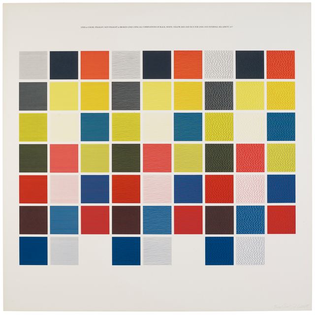 Sol LeWitt — Линии и цвет. Прямые, непрямые и ломаные линии С использованием всех комбинаций черного, белого, желтого, красного и синего цветов для линий и интервалов