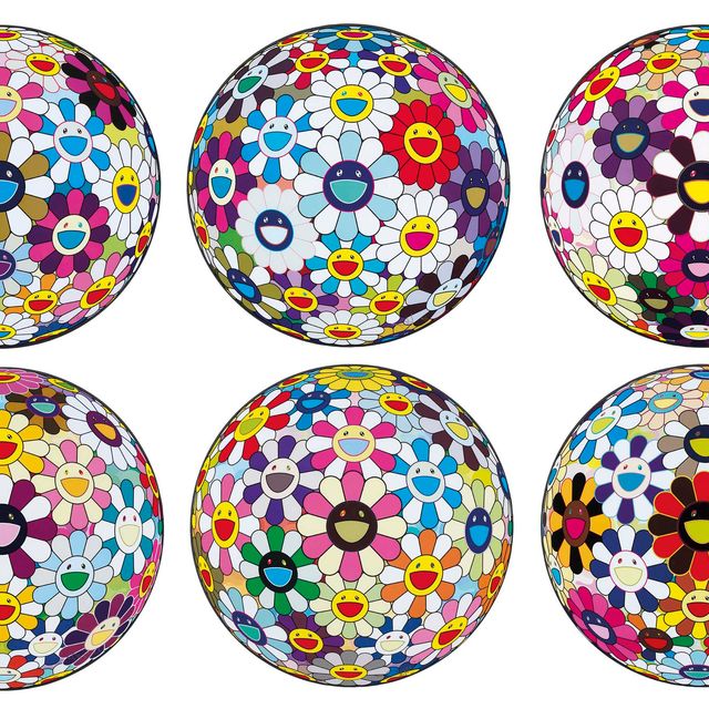 Takashi Murakami — Цветочный шар Сексуальной фиалки № 1 (3D); Цветочный шар (3d) Sequoia Sempervirens; Цветочный шар коричневый; Цветочный шар (3d) Осень 2004; Цветочный шар (много цветов); и Цветочный шар Космос (3D)