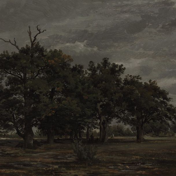 Theodore Rousseau — Художник делает наброски вместе с другими фигурами на фоне лесистого пейзажа