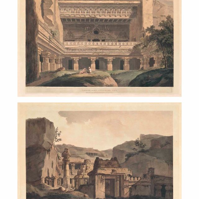 Thomas Daniell — Вход в Индра Сабха; Вид на Индра Сабха, обращенный наружу; Дас Аватара; и Вишвакарма, вид снаружи (Эбби Трэвел, 420, пл. 107, 108, 118, 123)