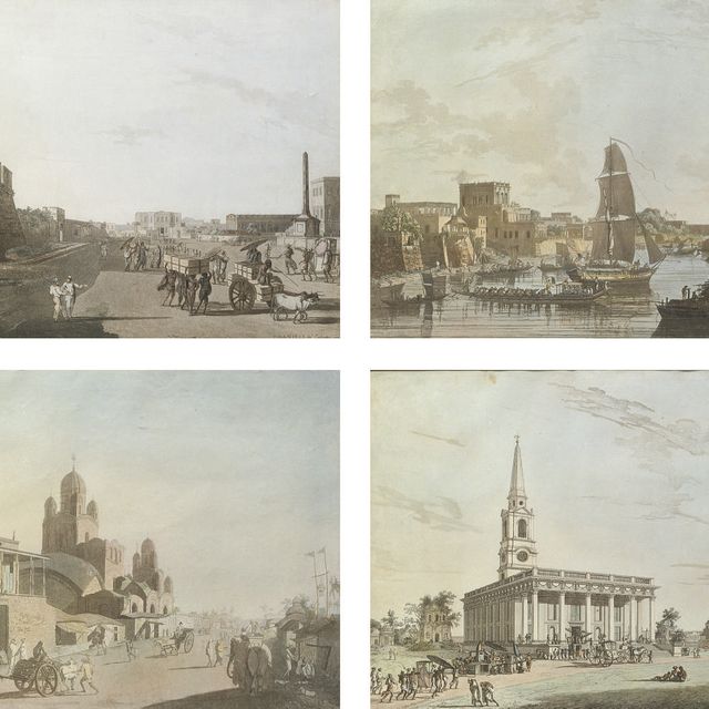 Thomas Daniell — Виды Калькутты 1768-1788 гг. (Эбби Трэвел, 492, № 1,4,8,12) [Старый форт, театр, памятник Холвеллу] 1786 [Пагода и дом Дженту] 1787 [Калькутта со стороны Хугли; Здания Дженту] 1788 [Церковь Святого Иоанна] 1788