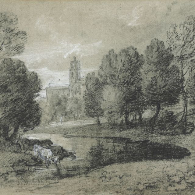 Thomas Gainsborough — Водопой скота на берегу реки с видом вдалеке на башню