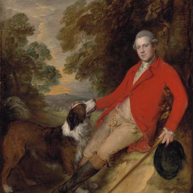 Thomas Gainsborough — Портрет Филиппа Стэнхоупа, 5-го графа Честерфилда (1755-1815), в полный рост, в алом камзоле и желтых бриджах, с черной шляпой и тростью в левой руке, с собакой на фоне пейзажа.
