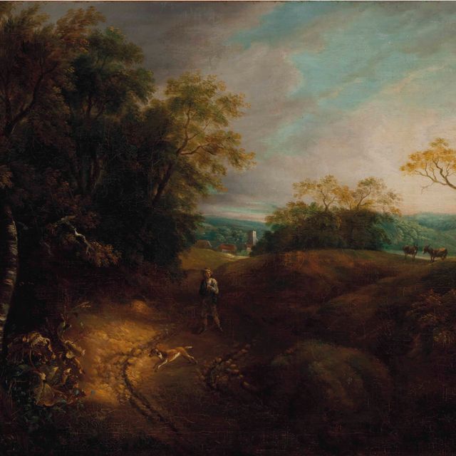Thomas Gainsborough — Лесистый пейзаж с крестьянином и собакой, деревня за ним.