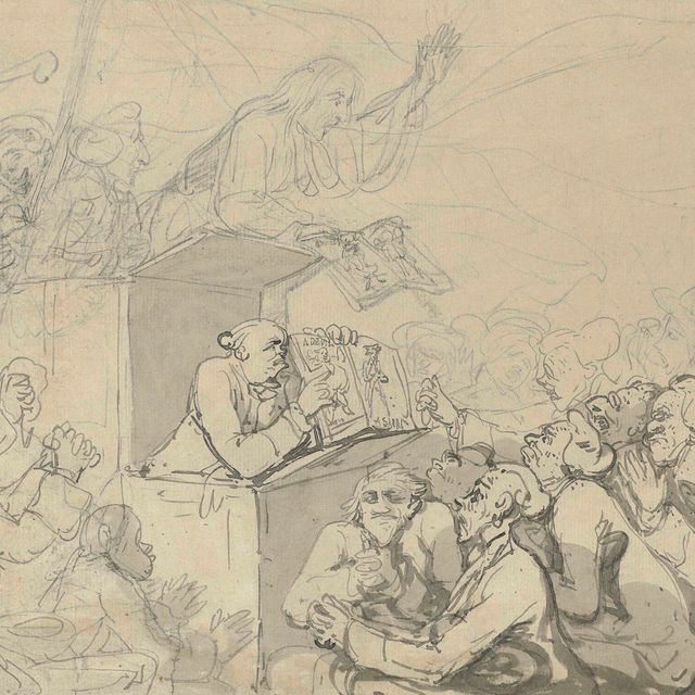 Thomas Rowlandson — Проповедь об адском пламени: проповедник демонстрирует изображения "ДЬЯВОЛА" и "СВЯТОГО", тема прослеживается на оборотной стороне