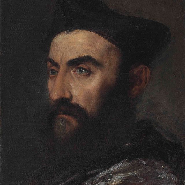 Titian — Портрет священнослужителя, во весь рост, в синем пальто и черной шляпе - фрагмент