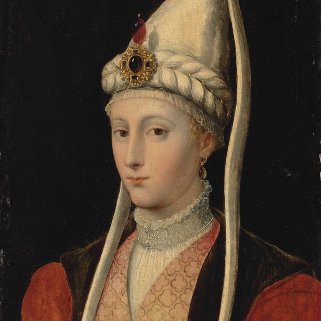 Titian — Портрет женщины, возможно Хасеки Хюррем Султан, по имени Роксолана (1506-1558), длиной до груди, в османском костюме, с украшенным драгоценными камнями головным убором