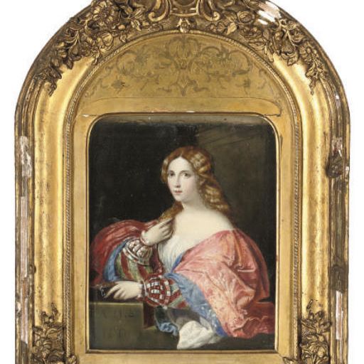 Titian — Портрет молодой женщины по имени "Ла Белла", длиной до груди, в белом платье с красно-синей шалью; Портрет молодой девушки в три четверти роста, в золотисто-коричневом платье, с подносом для фруктов в руках.