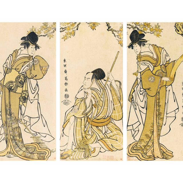 Toshusai Sharaku — Осагава Цунэйо II в роли Кодзимы, жены Бинго Сабуро (справа) Итикава Комадзо III в роли Нитты Есисады, которого слуга Нитты, Оямада Таро Такаи, изображает садовником (в центре) Иваи Хансиро IV в роли Тихаи, младшей сестры синтоистского священника Кенко (слева)