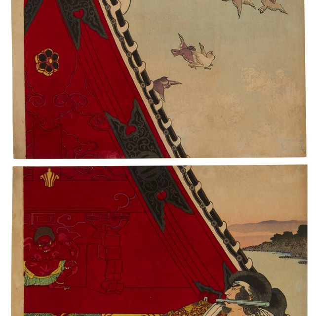 Tsukioka Yoshitoshi — Хорюкаку рею цутому (Двое храбрецов на крыше Хорюкаку)