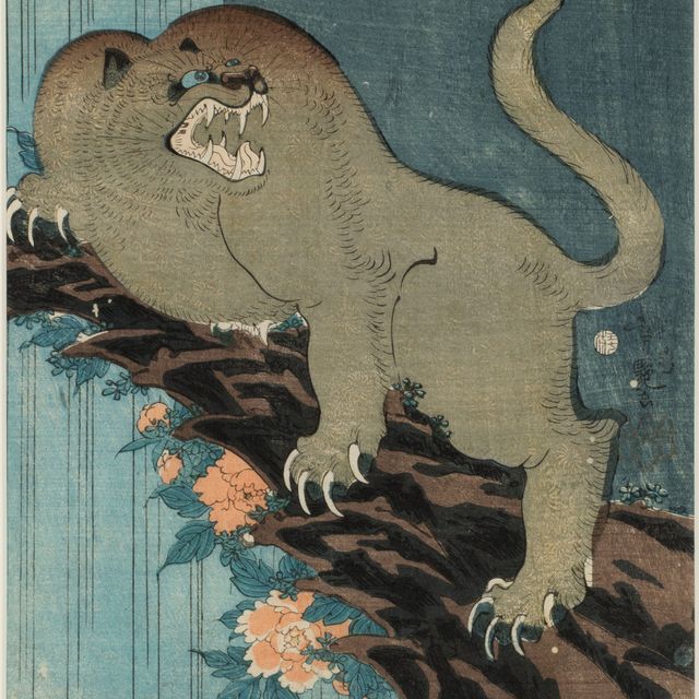 Utagawa Hiroshige — Тигр, пионы и водопад