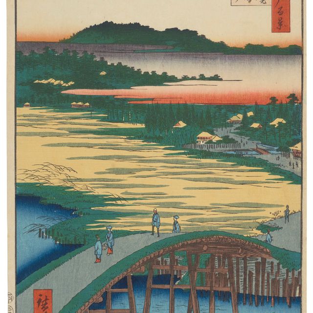 Utagawa Hiroshige — Мост Сугатами, мост Омокаге и гравийный завод в Такаде